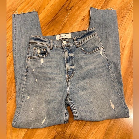 Reformation Harper High Rise Skinny Blue Jeans Raw Hem Distressed Maui USA 25 - Picture 7 of 10